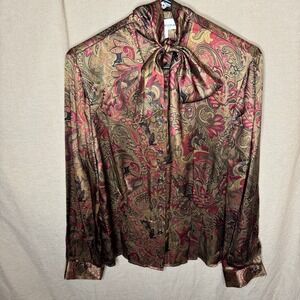 Vintage Stunning Evan Picone Silk Paisley Charmeuse Attached Tie Blouse Size 12